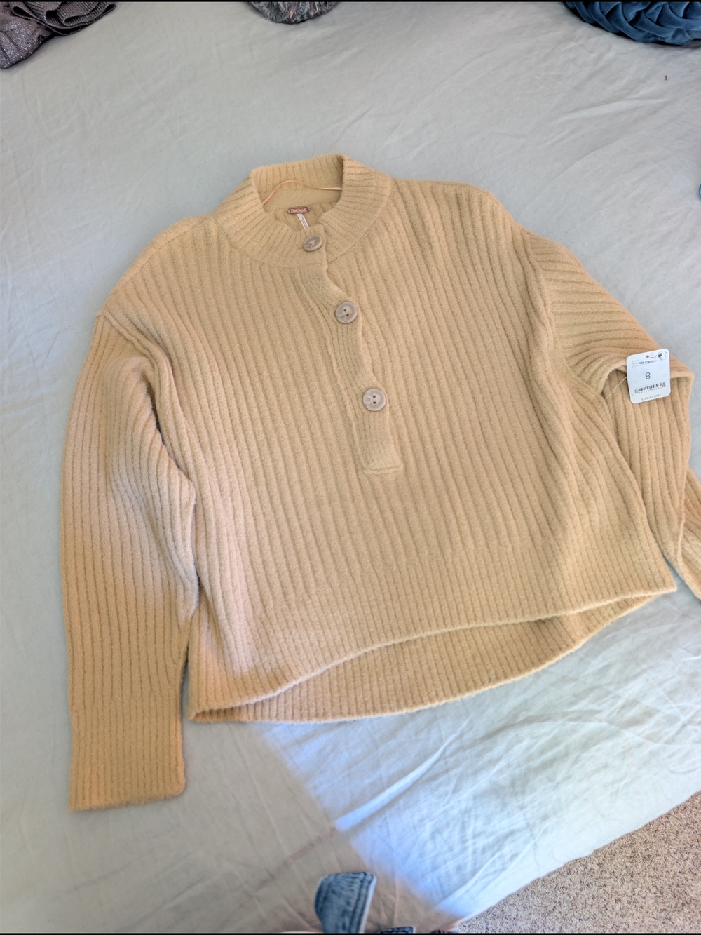 NWT Free People Cocoa Henley Pullover Sweater Oatmeal Ribbed Knit XS